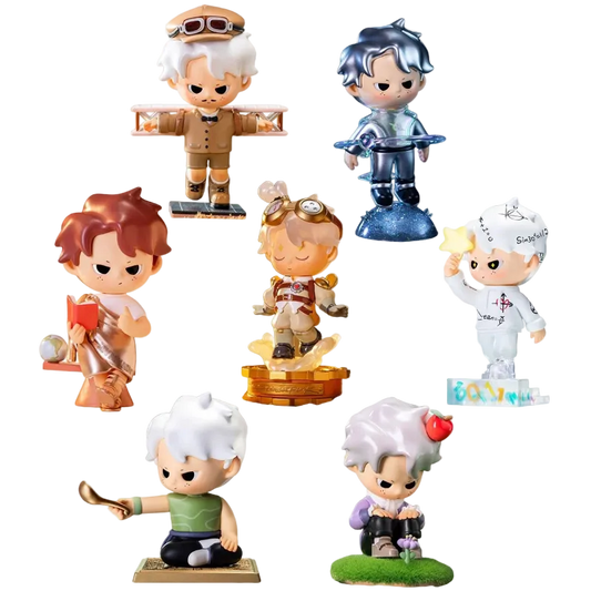 Set of small figurines with various hairstyles and outfits on a white background