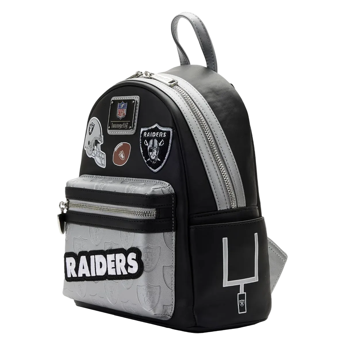 Mini backpack with Oakland Raiders logos and patches on a white background