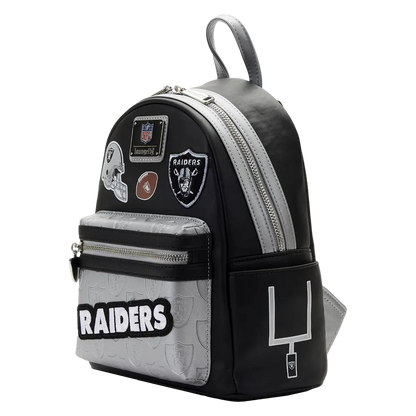 Mini backpack with Oakland Raiders logos and patches on a white background