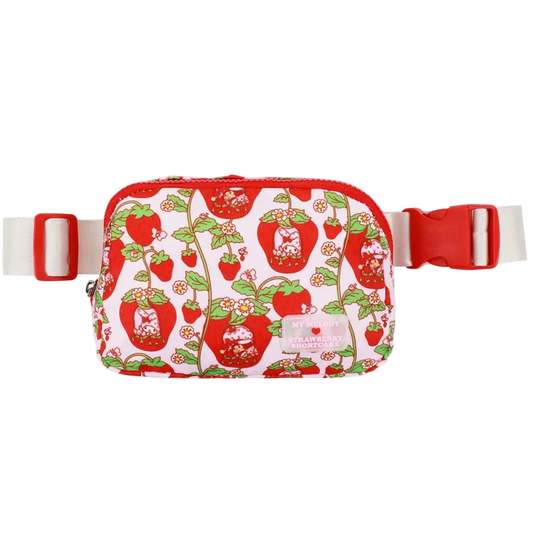 Fanny pack with strawberry pattern on a white background