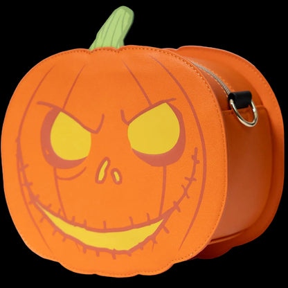Pumpkin-shaped bag with a face design on a white background