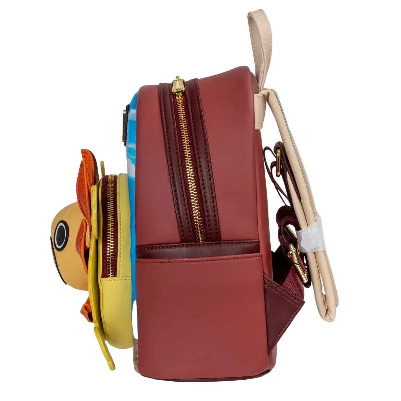Multicolored backpack with a yellow side pocket on a white background