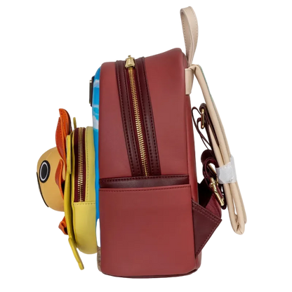 Multicolored backpack with a yellow side pocket on a white background