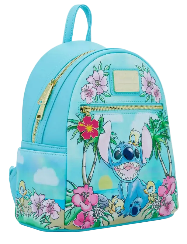 Light blue backpack with cartoon character design on a white background