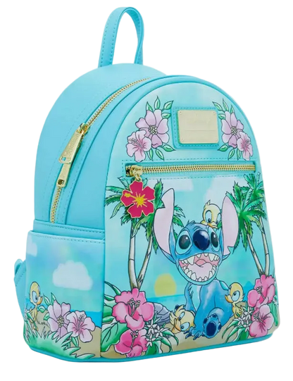 Light blue backpack with cartoon character design on a white background