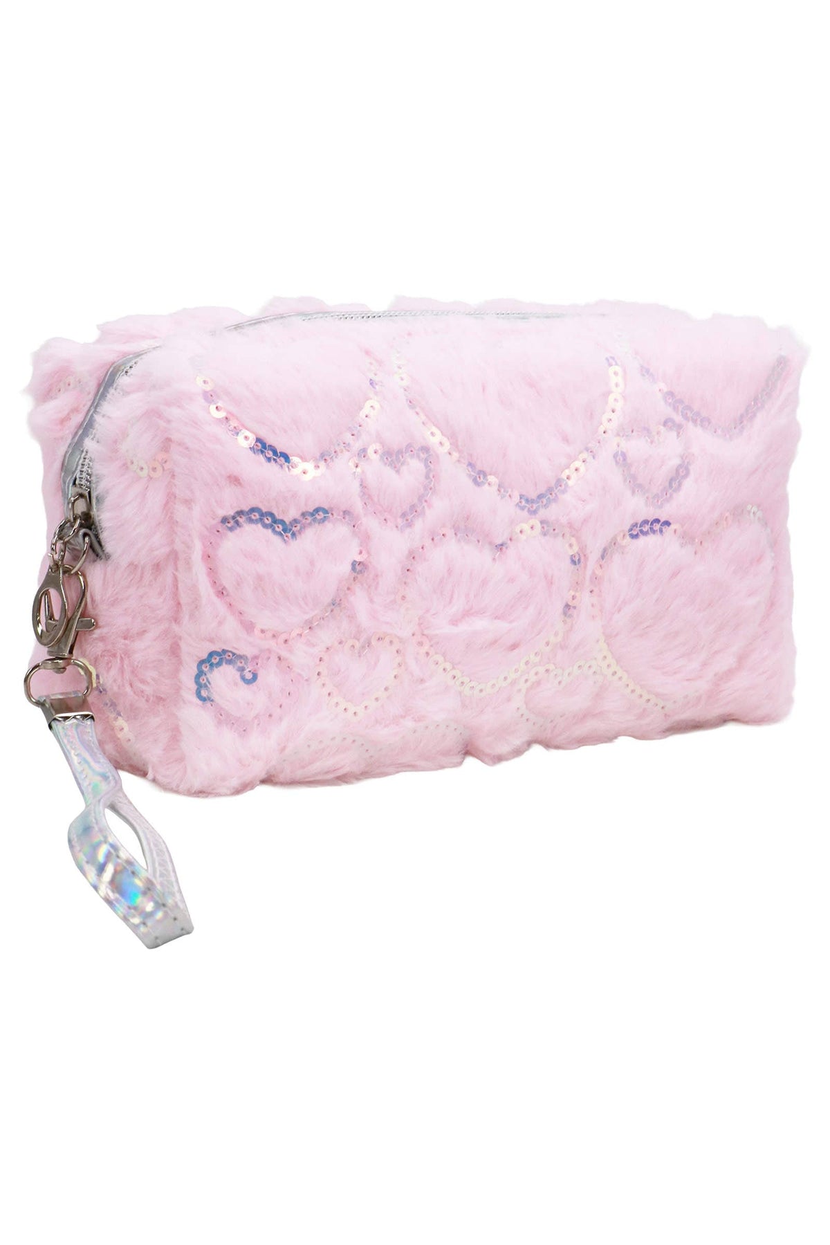 Heart Sequined Fuzzy Fur Cosmetic Pouch Bag: ASSORTED / ONE SIZE