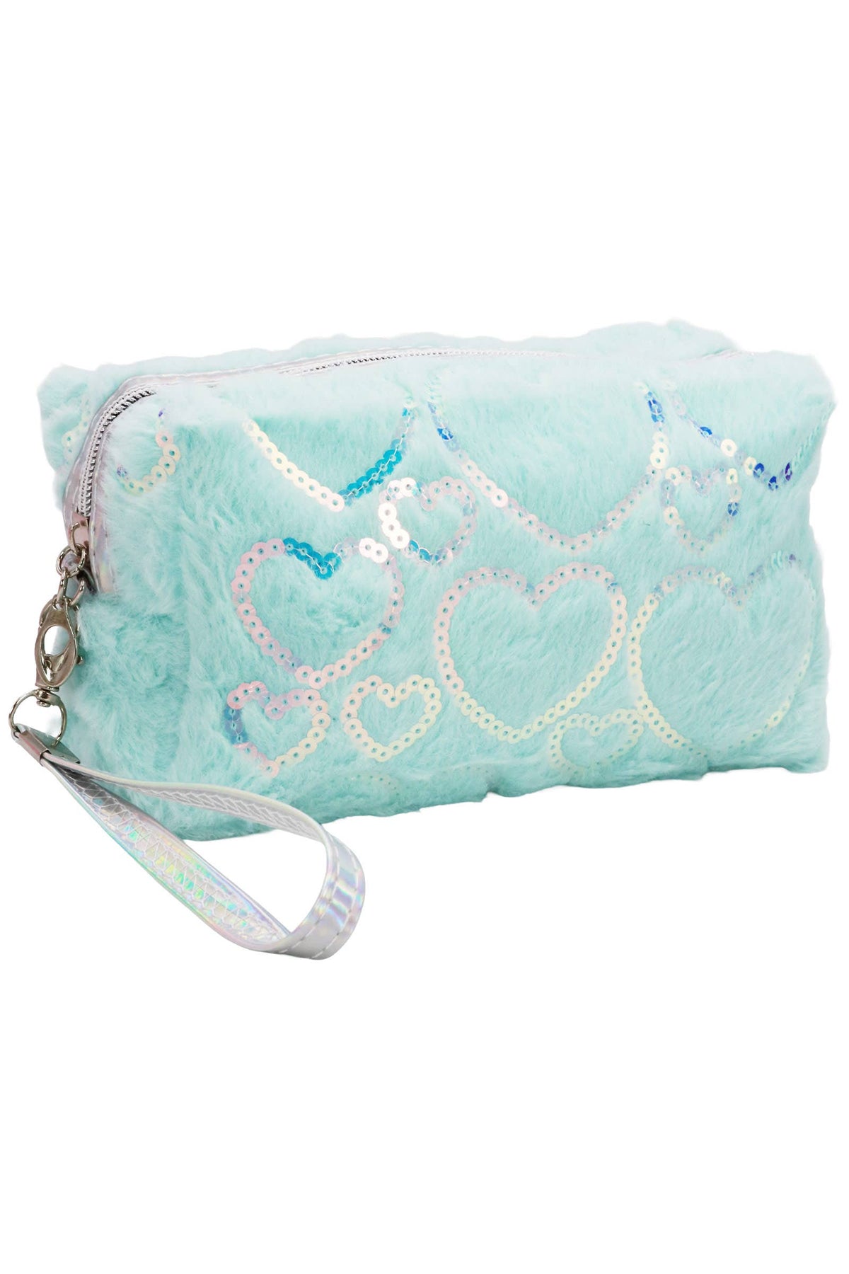 Heart Sequined Fuzzy Fur Cosmetic Pouch Bag: ASSORTED / ONE SIZE