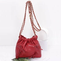 Faux Leather Multi Ribbon Bucket Chain Crossbody Bag: BUR