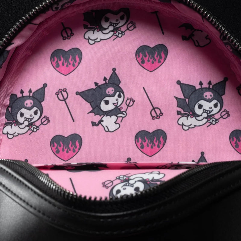Close-up of a pink pouch with cartoon character and heart pattern