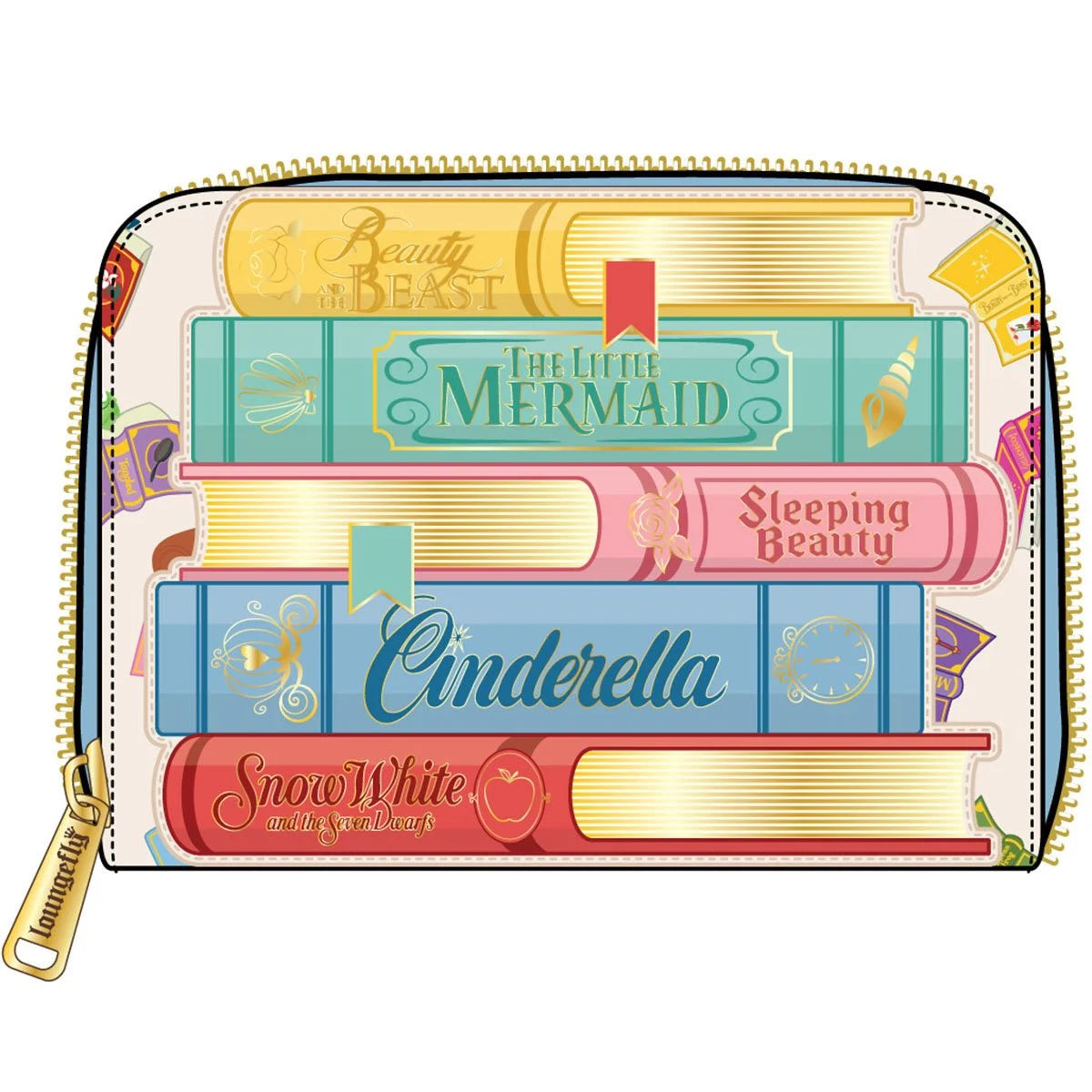 A zip-around pouch featuring an illustration of five classic fairy tale books: Beauty and the Beast, The Little Mermaid, Sleeping Beauty, Cinderella, and Snow White. The pouch has a white base with colorful book spines in yellow, teal, pink, blue, and red, accented with gold trim and a gold zipper pull.