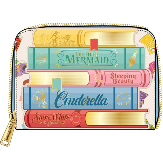 A zip-around pouch featuring an illustration of five classic fairy tale books: Beauty and the Beast, The Little Mermaid, Sleeping Beauty, Cinderella, and Snow White. The pouch has a white base with colorful book spines in yellow, teal, pink, blue, and red, accented with gold trim and a gold zipper pull.