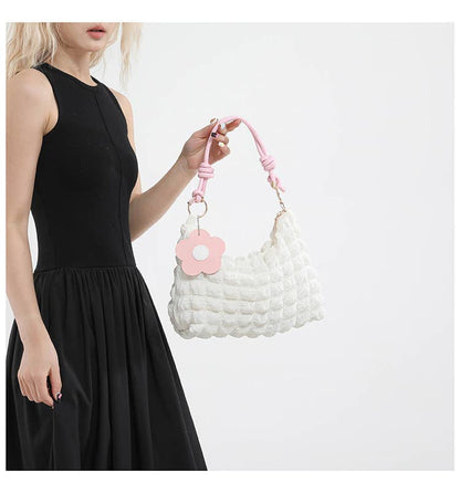 Popcorn Texture Flower Charm Mini Hobo Bag: G_White / M