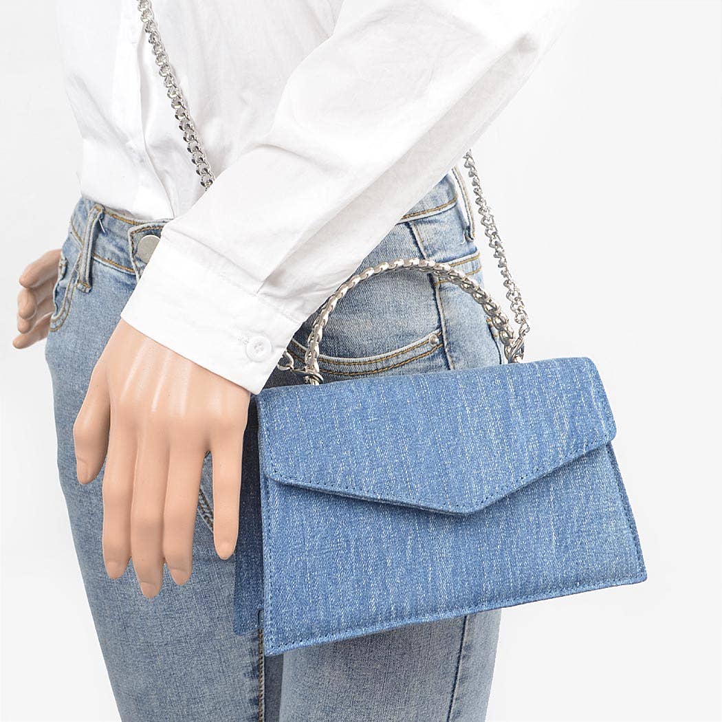 Denim Metal Handle Flap Clutch: LBL