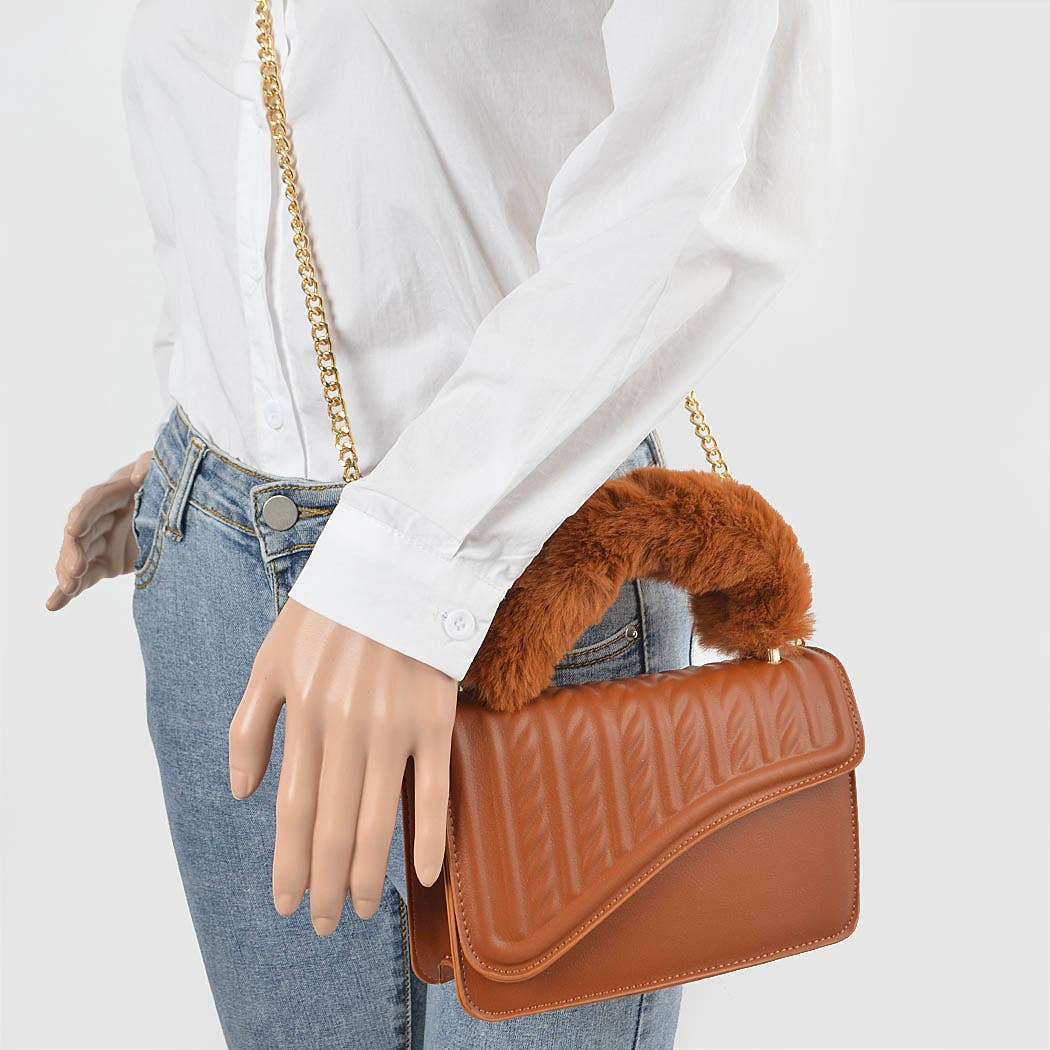 Faux Fur Braided Handle Bag: Orange