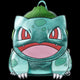 A Bulbasaur character backpack designed to look like the Pokémon character, featuring metallic teal-green skin, a green leaf crest on top, red eyes, and a pink mouth, shown against a plain white background.