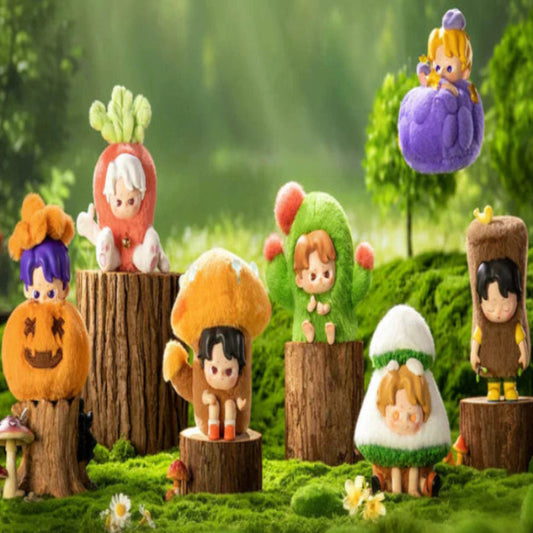 Toy figures of characters in various costumes on wooden stumps with a green forest background