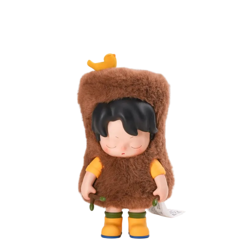 Stylized character in a brown outfit with a yellow bird on a white background