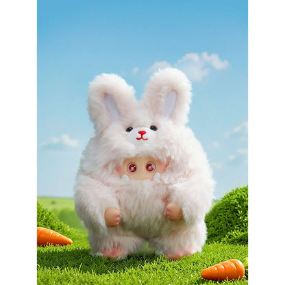 White fluffy bunny toy with a small doll inside, standing on grass with carrots and a blue sky background.