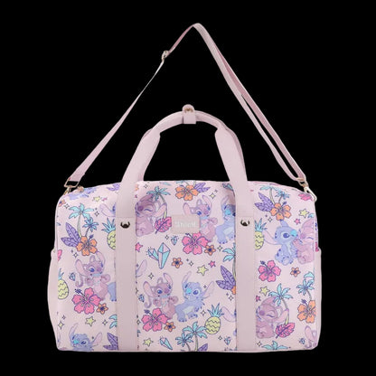 Pink duffel bag with cartoon animal and flower pattern on a white background