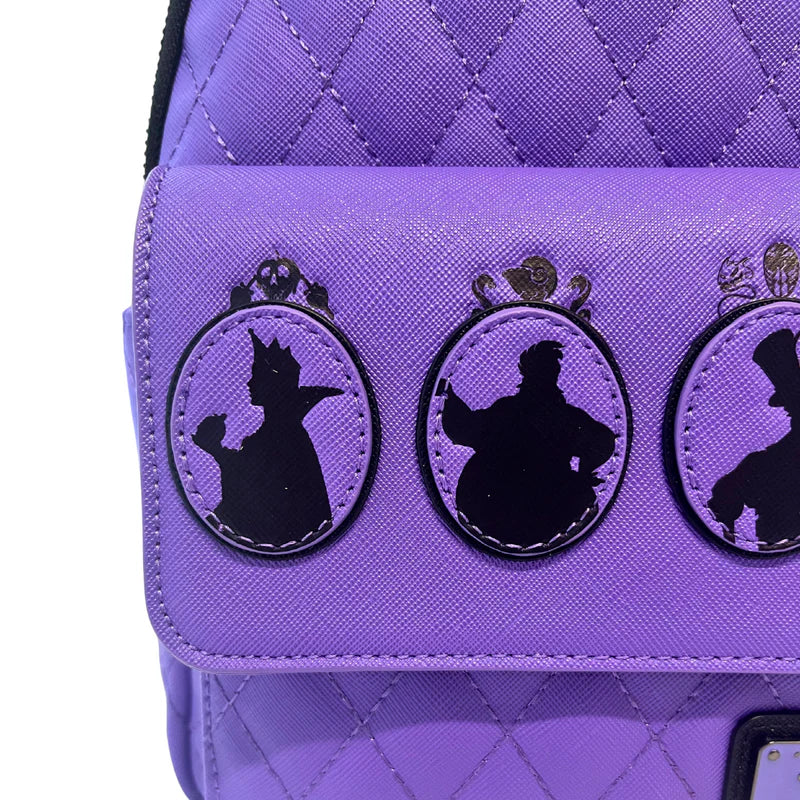 Purple bag with black silhouettes of characters on a white background