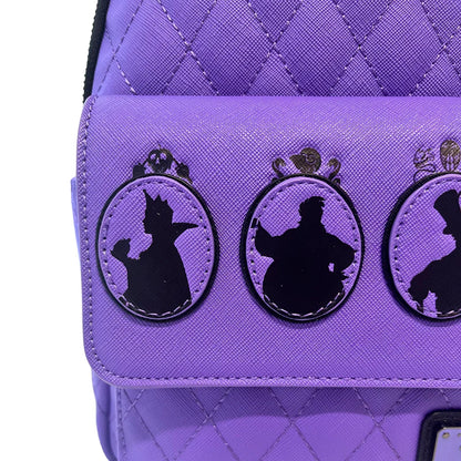 Purple bag with black silhouettes of characters on a white background