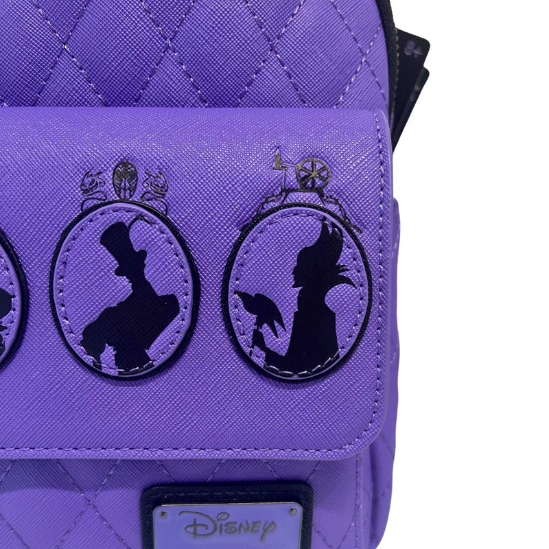 Purple bag with Disney silhouette designs on a white background