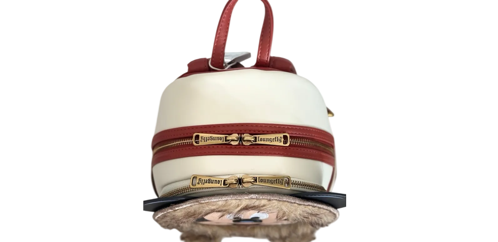 Small round bag with a red strap and gold zipper on a white background