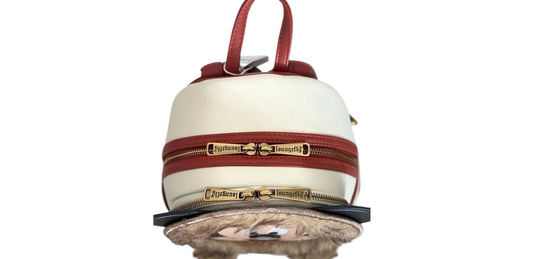 Small round bag with a red strap and gold zipper on a white background