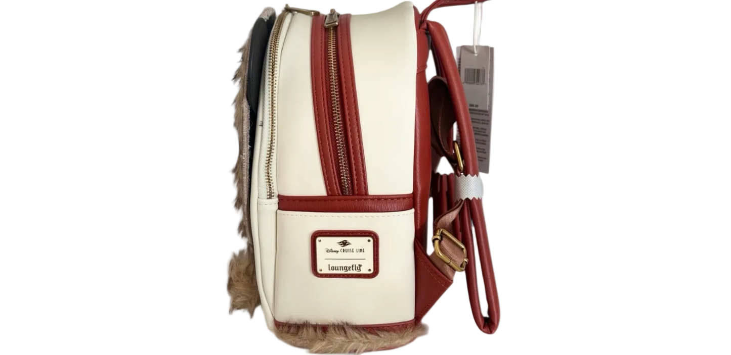 Beige and red backpack with a visible brand label on a white background