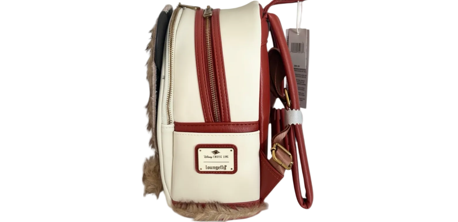 Beige and red backpack with a visible brand label on a white background