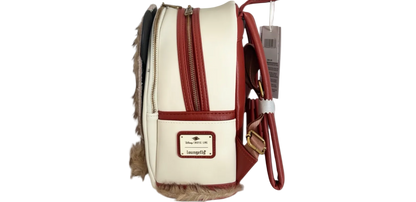 Beige and red backpack with a visible brand label on a white background