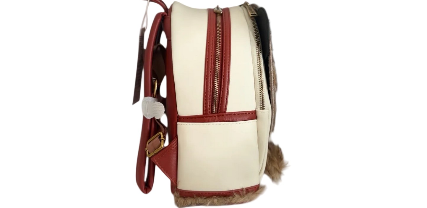 Backpack with red straps and fur trim on a white background