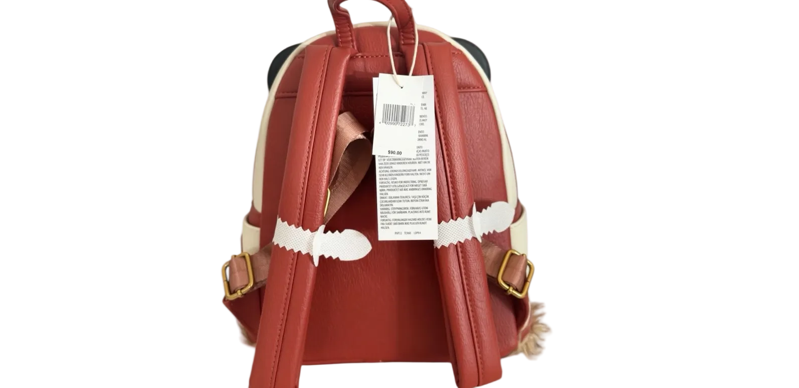 Red backpack with a tag on a white background
