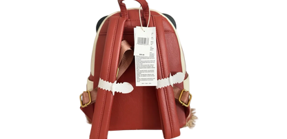 Red backpack with a tag on a white background