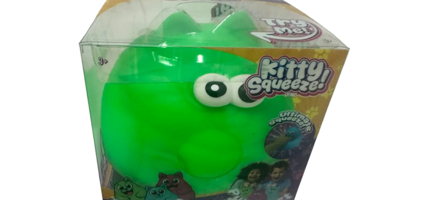 Green toy with 'Kitty Squeeze' packaging on a white background