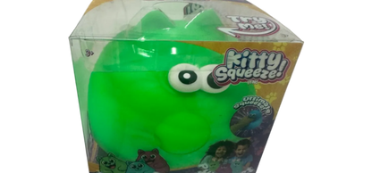 Green toy with 'Kitty Squeeze' packaging on a white background