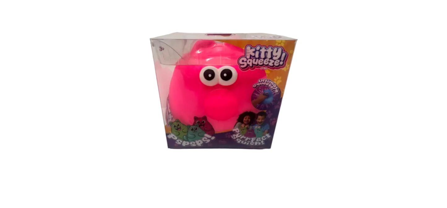 Pink plush toy with googly eyes in a clear box on a white background