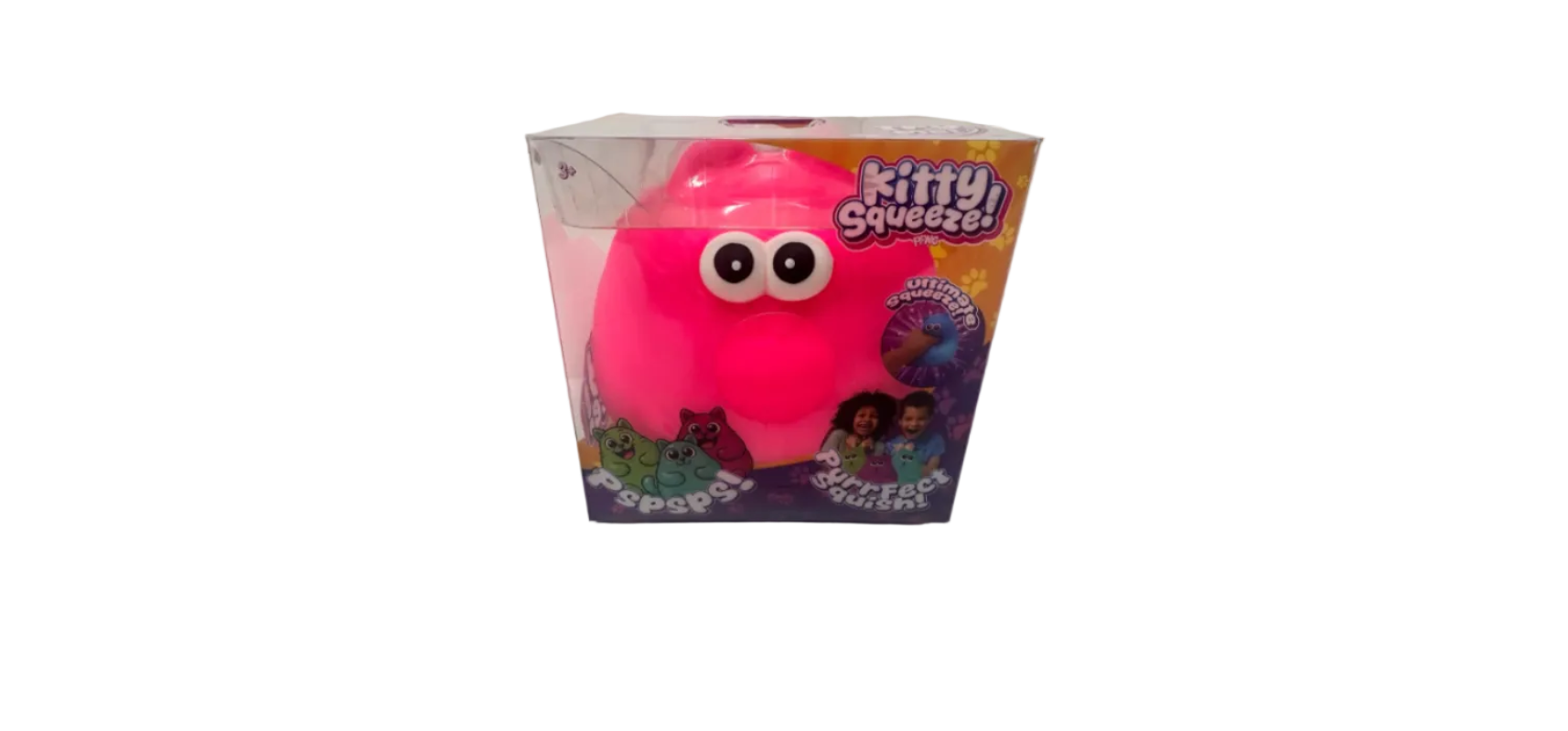 Pink plush toy with googly eyes in a clear box on a white background