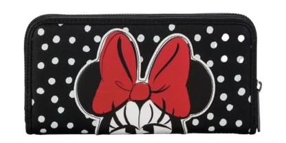 Black wallet with white polka dots and red bow design on a white background