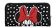 Black wallet with white polka dots and red bow design on a white background