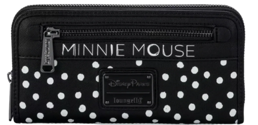 Black polka dot wallet with 'Minnie Mouse' branding on a black background