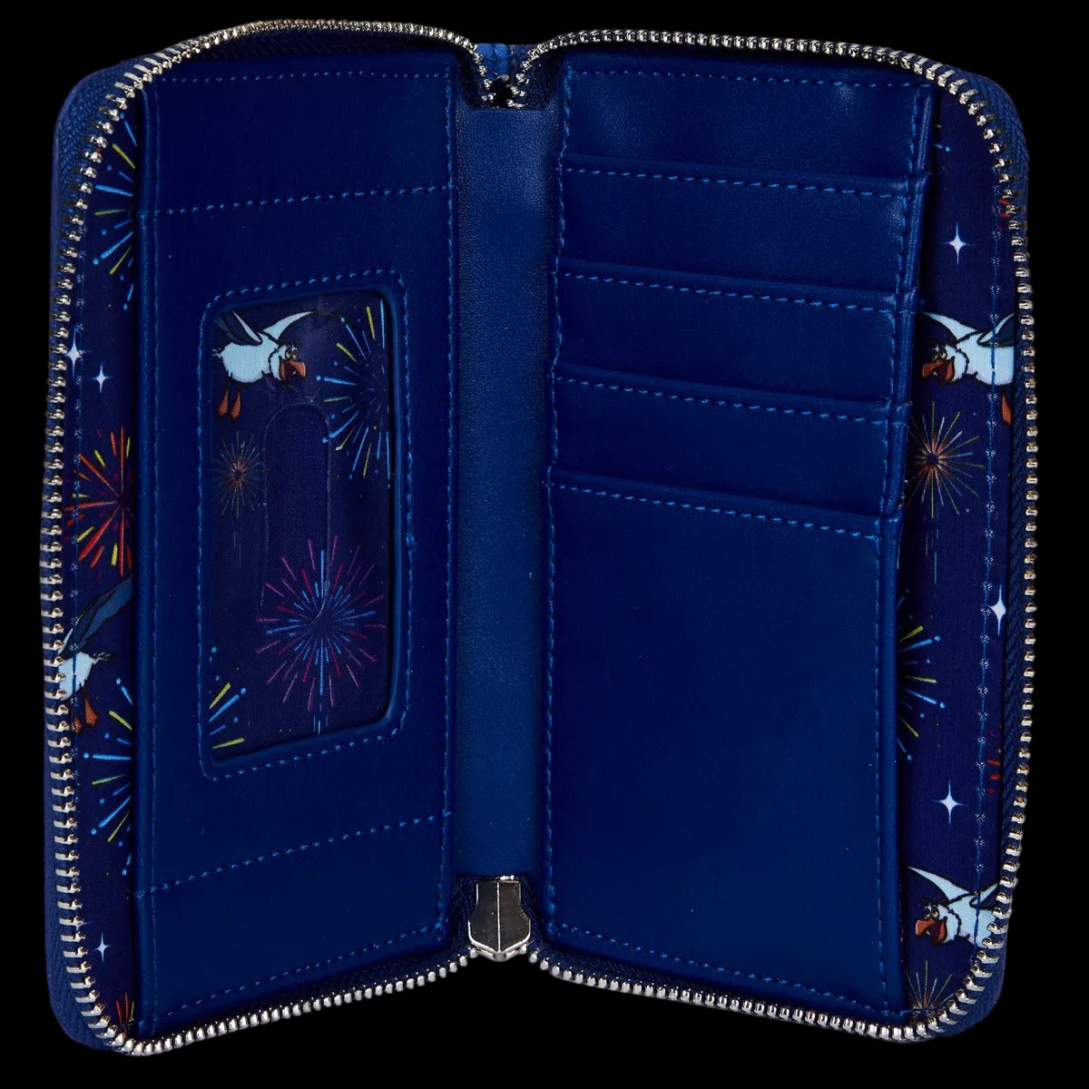 An open zip-around wallet in deep blue, showing interior card slots, a clear ID window with a fireworks print, and matching patterned outer fabric panels with silver zipper trim.