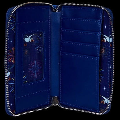 An open zip-around wallet in deep blue, showing interior card slots, a clear ID window with a fireworks print, and matching patterned outer fabric panels with silver zipper trim.