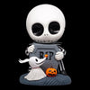Cartoon character with a white skull holding a ghost and pumpkin near a tombstone.
