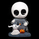 Cartoon character with a white skull holding a ghost and pumpkin near a tombstone.