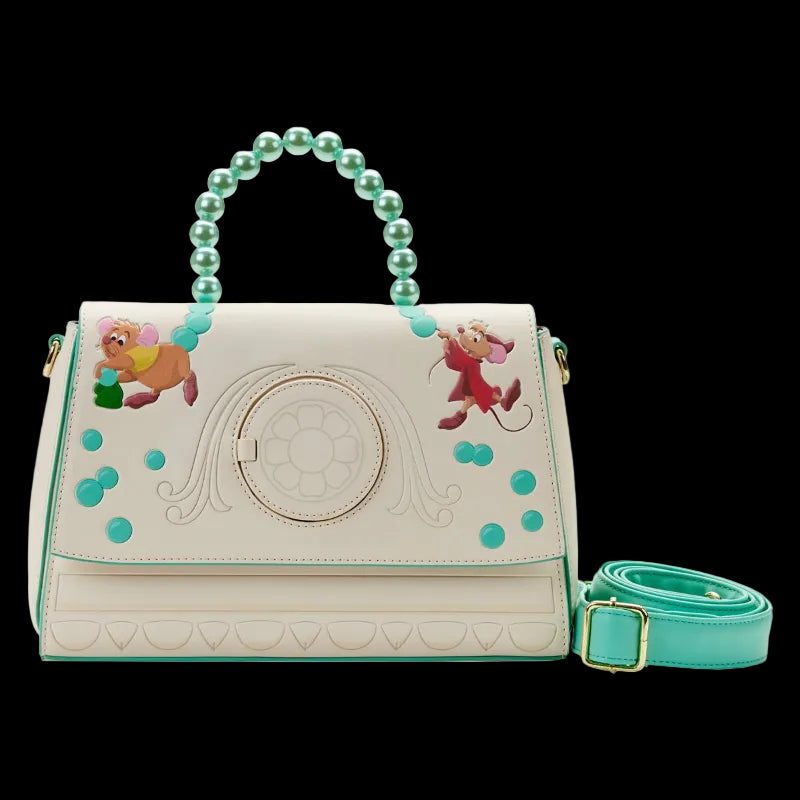 Handbag with cartoon characters and turquoise accents on a white background