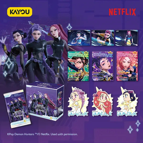 Collection of 'Kpop Demon Hunters' merchandise featuring dolls, packaging, and character illustrations on a purple background with Netflix and Kayou logos.
