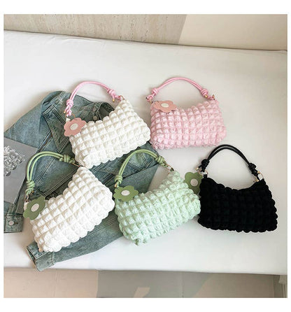 Popcorn Texture Flower Charm Mini Hobo Bag: G_White / M