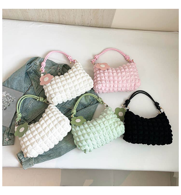 Popcorn Texture Flower Charm Mini Hobo Bag: Black / M