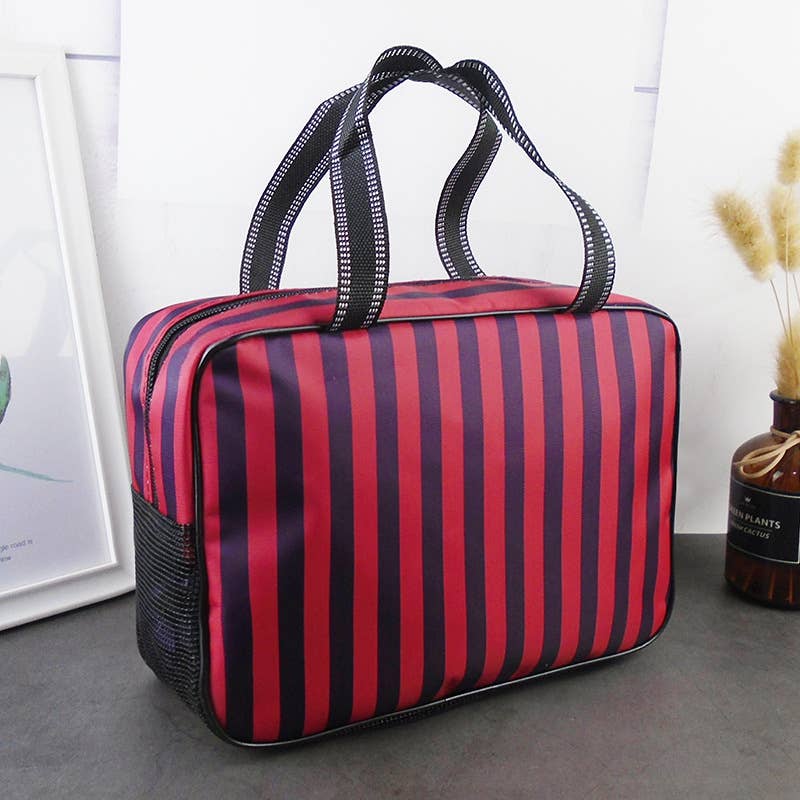 Waterproof Mesh Shower Bag Striped Toiletry Bag: Pink / M